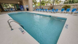 En rektangulär swimmingpool med en metallstege på ena sidan, omgiven av blå solstolar och en vägg med en palmpalm.