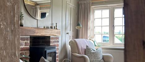 Smart TV, fireplace, books