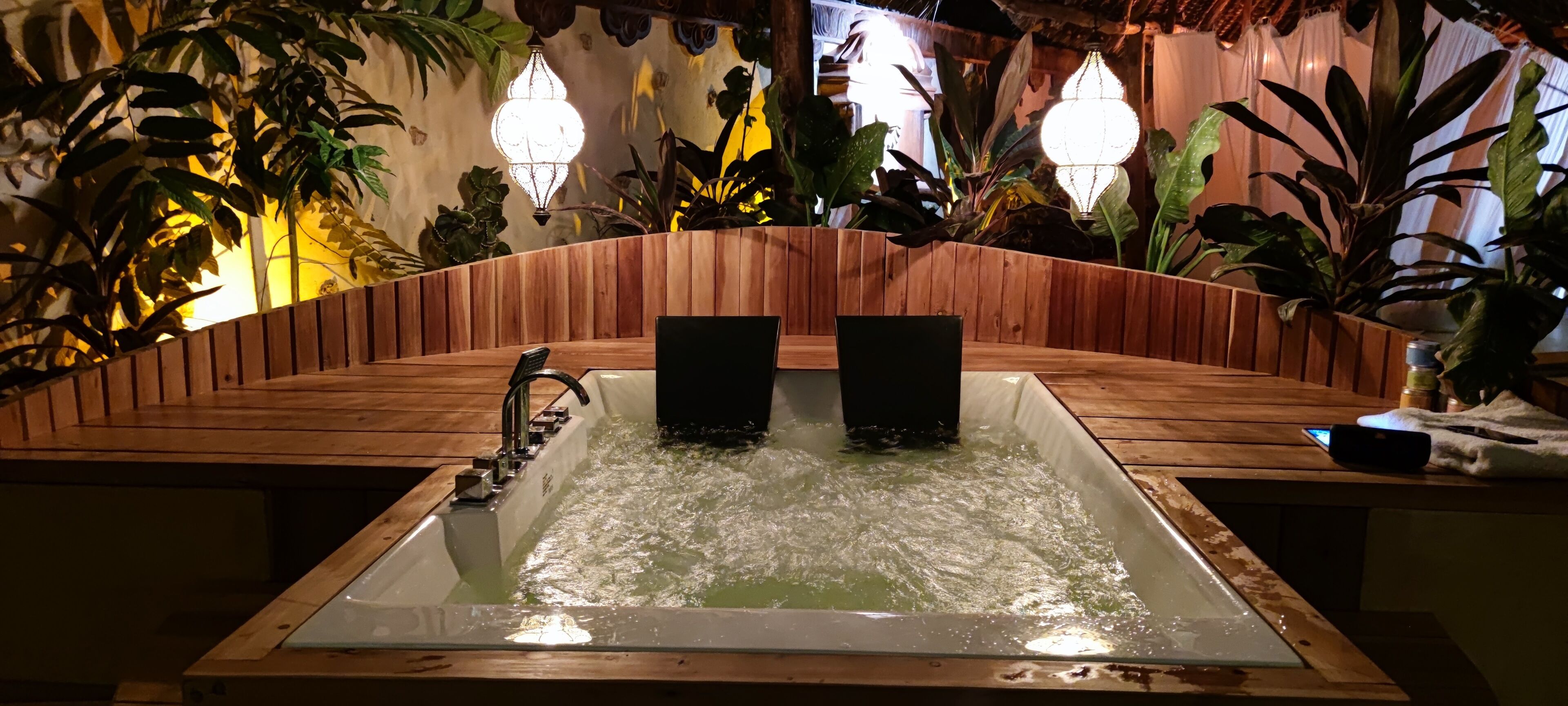 A wooden spa tub with water, surrounded by plants and two wall-mounted lights.