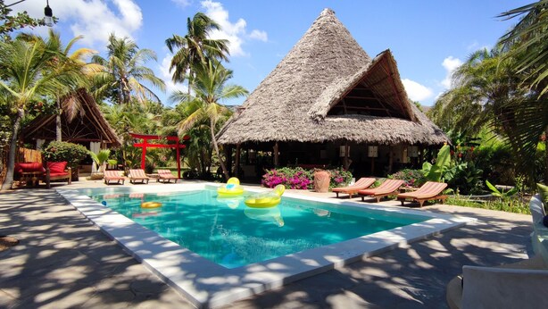 A pool area with lounge chairs, a thatched-roof hut, and tropical vegetation.