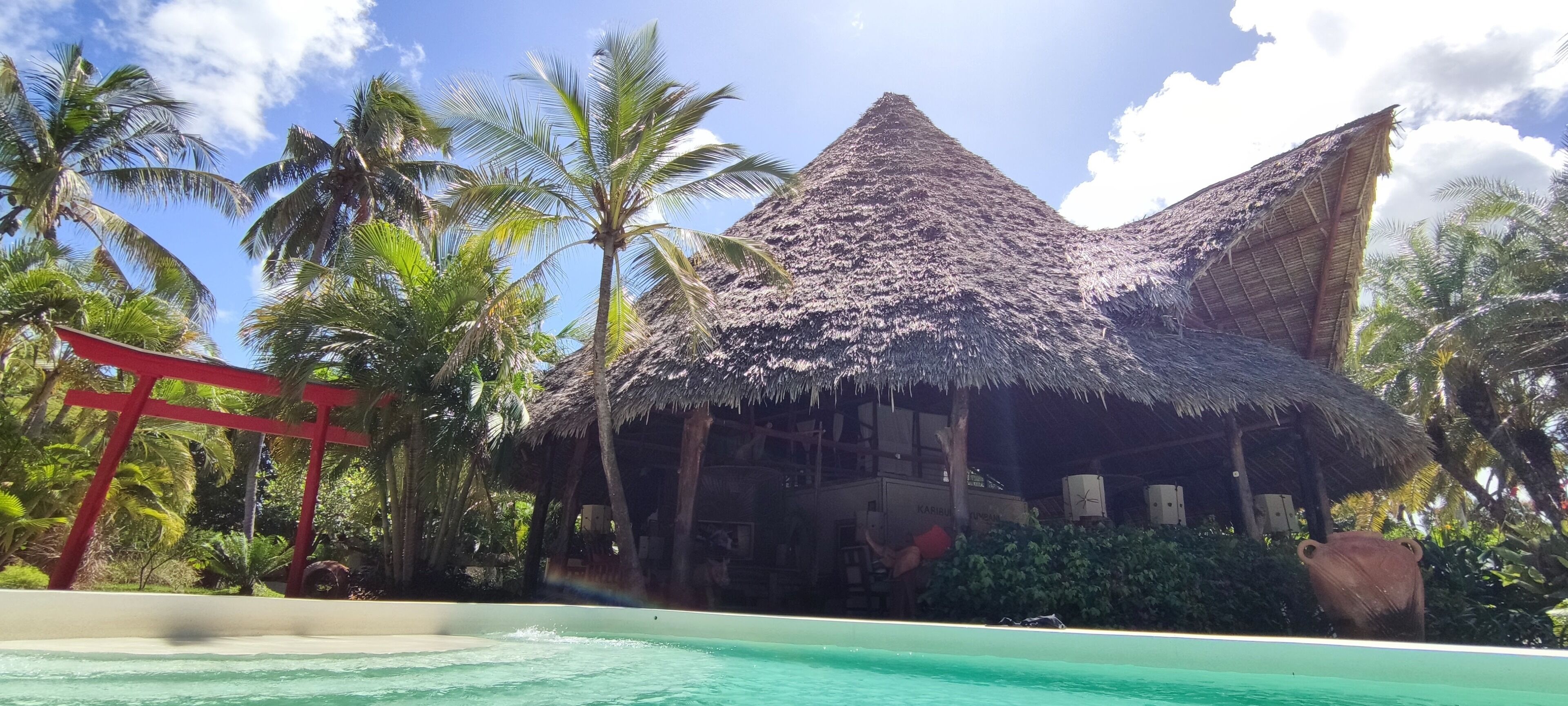 Una construcción de techo de paja con piscina delantera.
