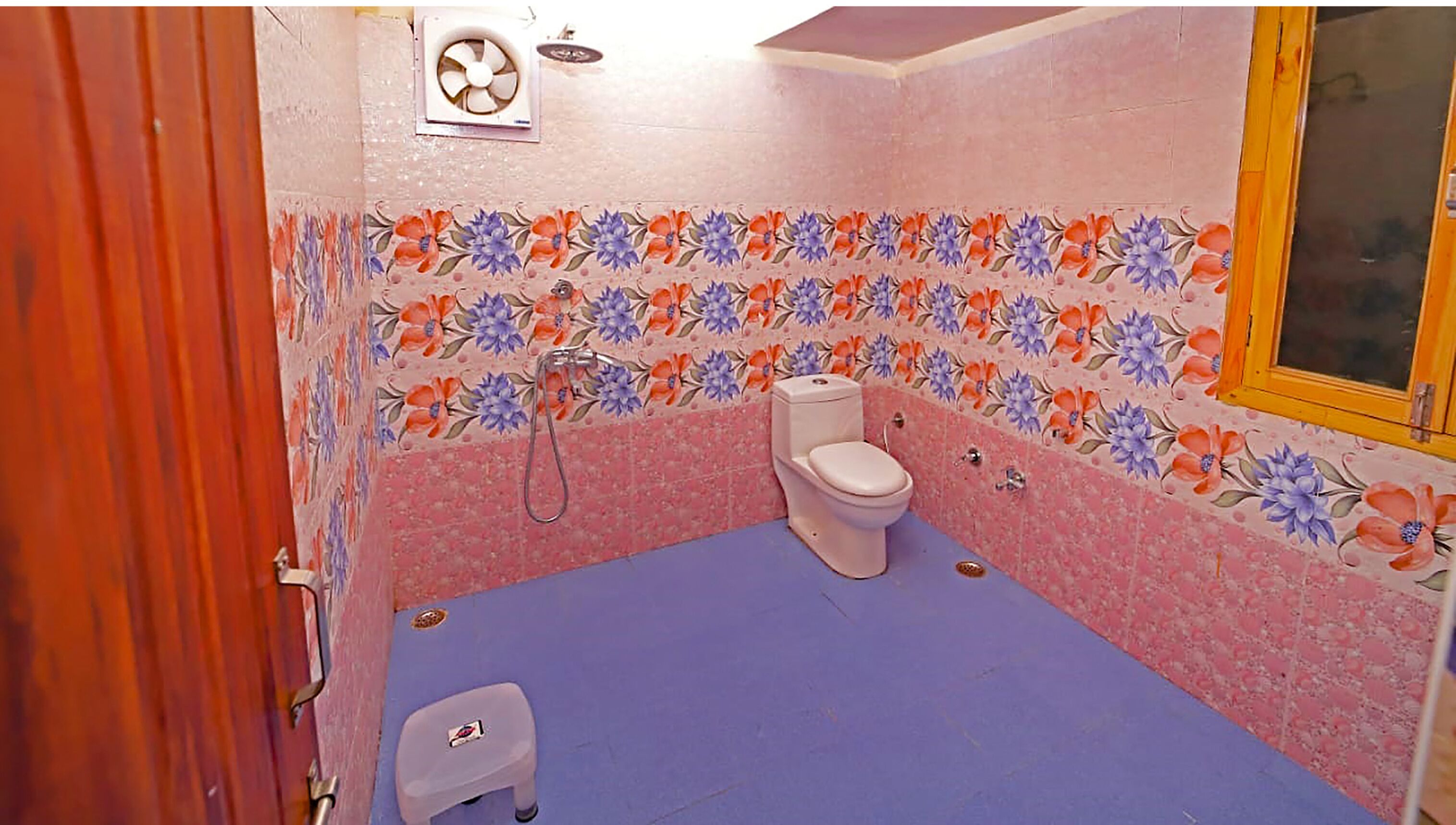 A bathroom with a toilet, shower, and a small step stool.