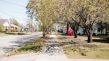 Une rue résidentielle bordée d’arbres et de maisons.