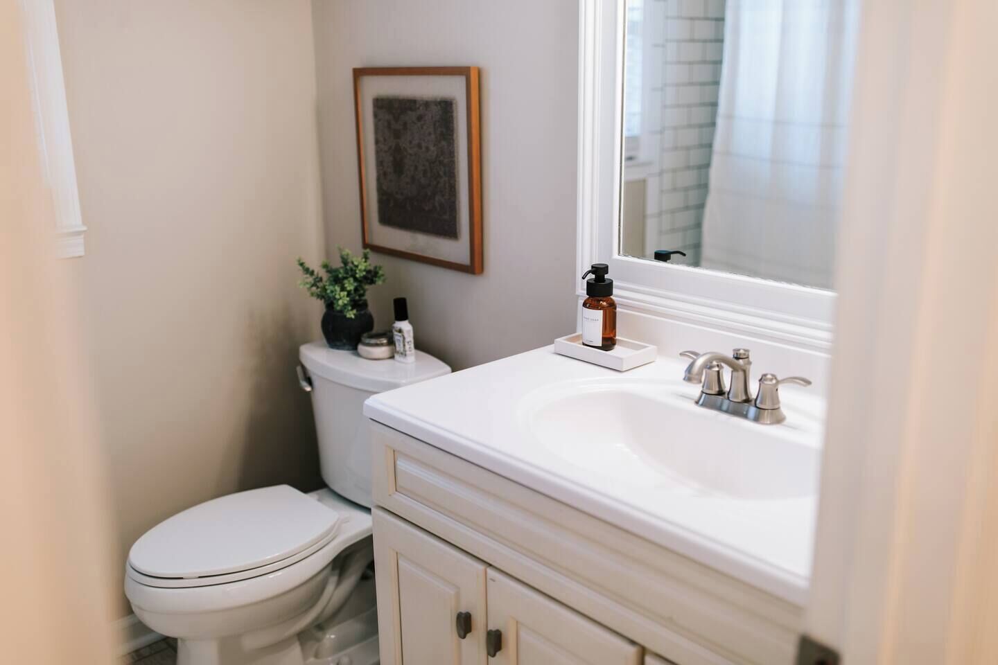 Ein Badezimmer mit einer weißen Toilette, einem Waschbecken mit Spiegel und einem gerahmten Bild an der Wand.