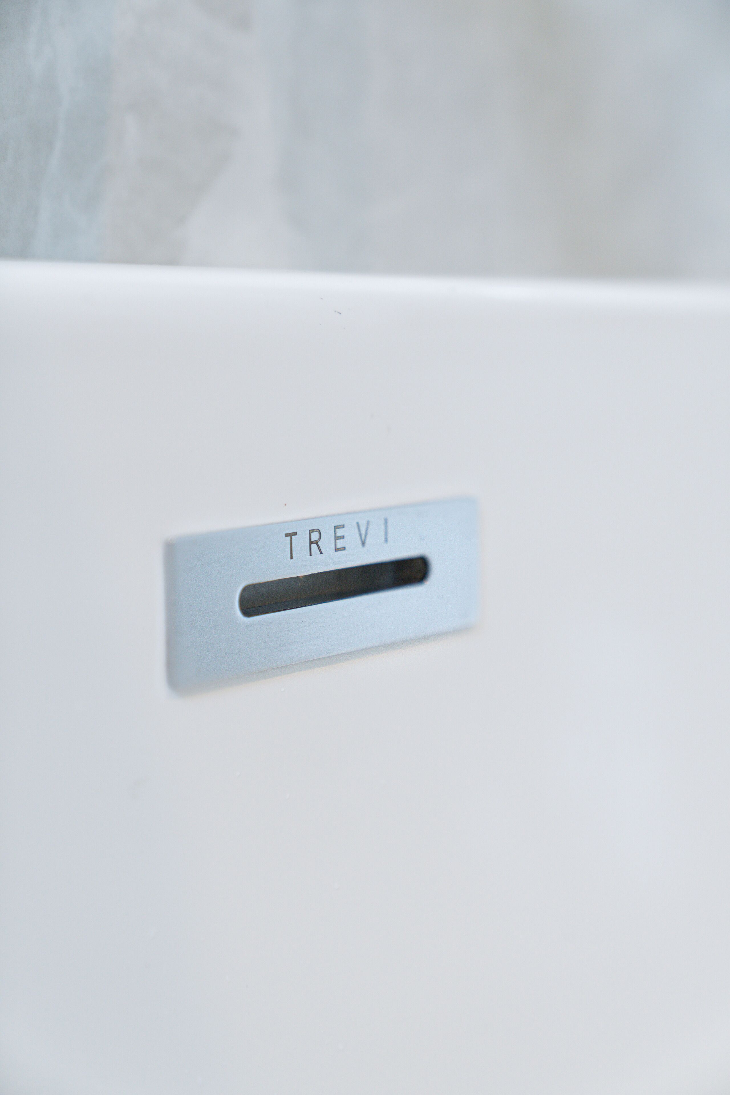 A metallic label with the inscription "TREVI" on a white surface.