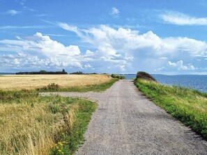 A gravel path leading to a body of water, surrounded by fields and a clear sky. - 4 Person Holiday Home in Karrebaeksminde (Karrebæksminde)