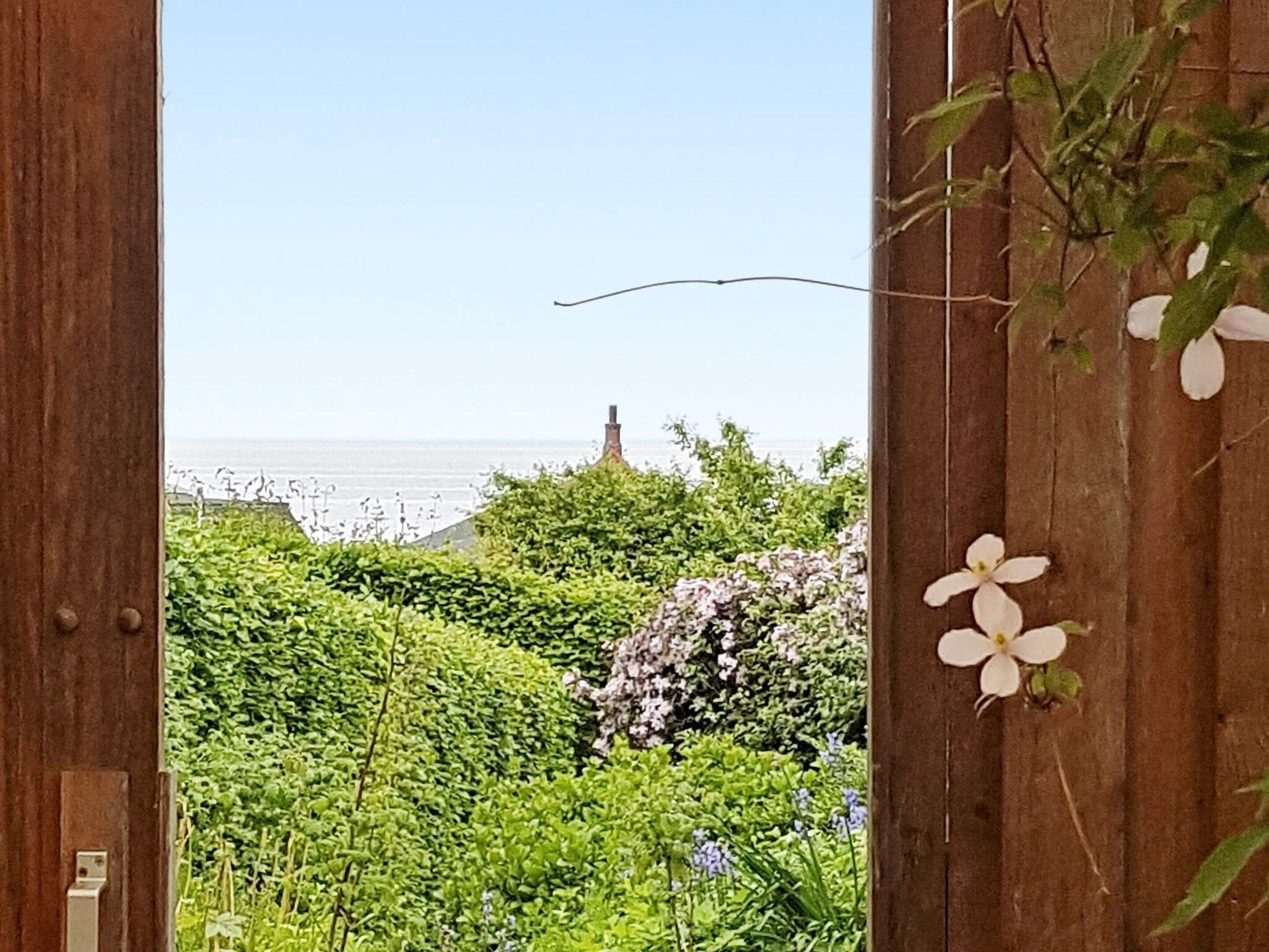 A wooden door opening to a garden with various plants and a view of the sea.