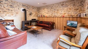 A cozy living room with a stone wall, a fireplace, a red leather sofa, a wooden coffee table, and a television. - Quiet and comfortable cottage (La Palme)