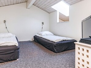 A small, modern room with two single beds, a skylight, a TV, and a built-in cabinet. - 4 Star Holiday Home in Vaeggerlose (Vaeggerlose)