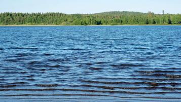 A calm lake with a forested shoreline.