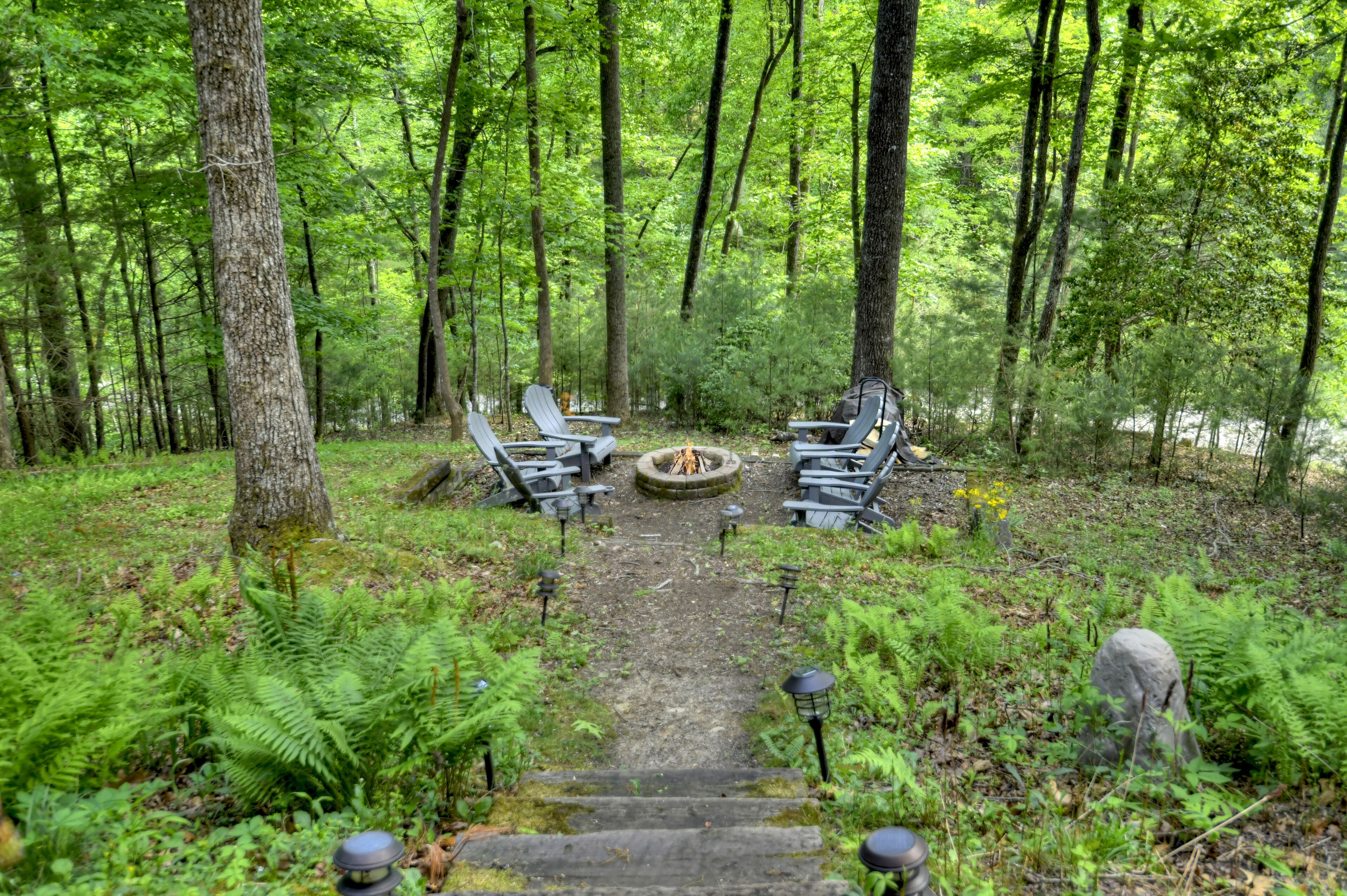 A forested area with a fire pit and seating.