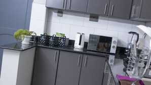 A modern kitchen with grey cabinets, a black countertop, and a small potted plant. - Peaceful space, with unlimited Wi-Fi internet and free parking at the premises.. (Kampala)