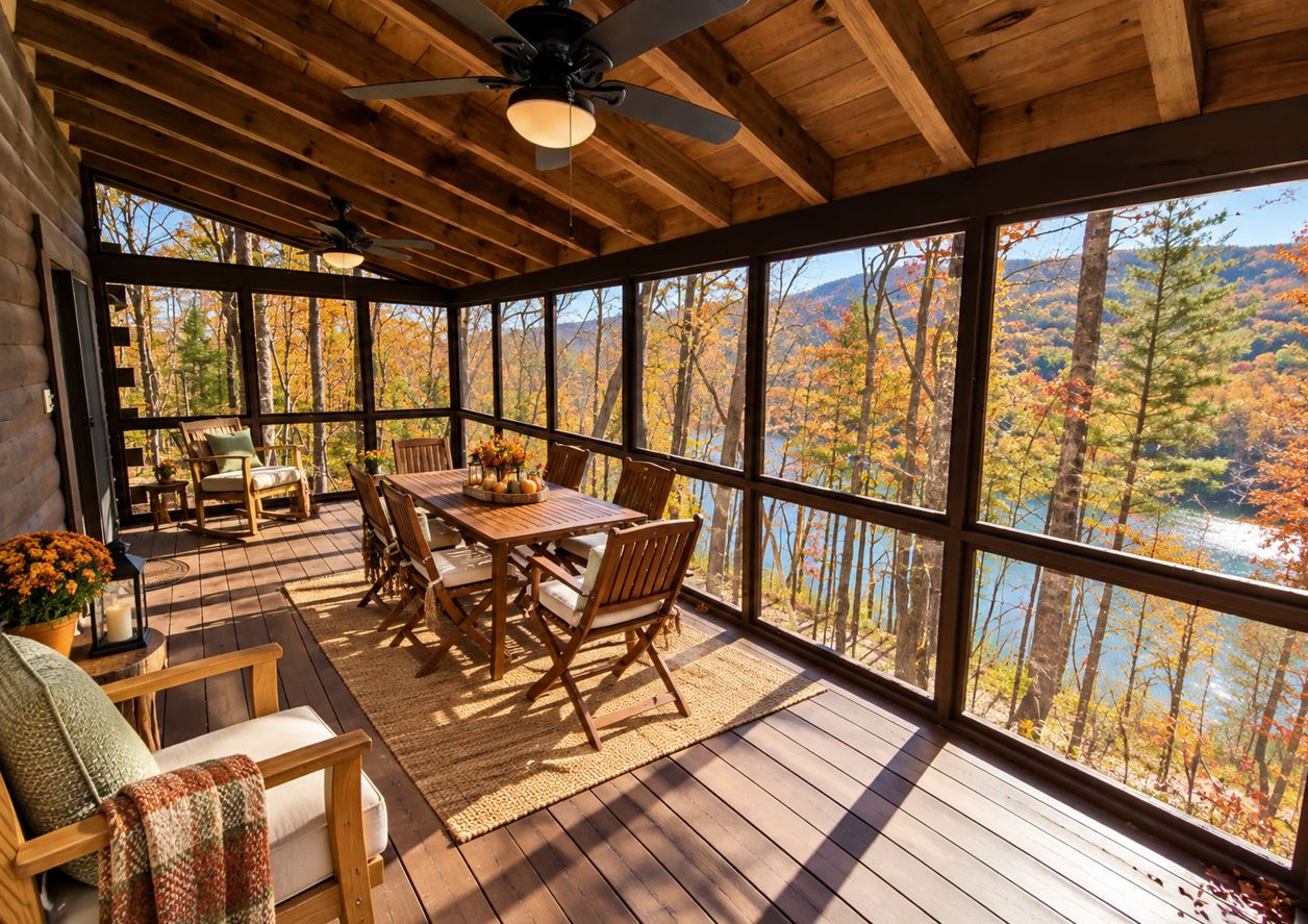 A wooden deck with a table and chairs, overlooking a forested area with a lake.
