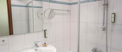 Hair dryer, towels, soap, shampoo