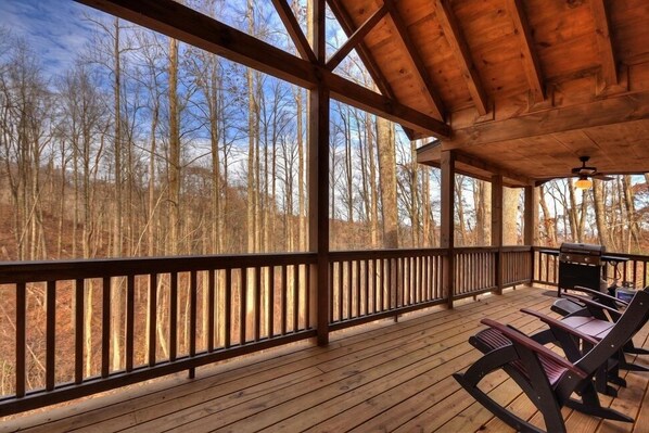 Property grounds - Up, Up and Away is pet friendly with a beautiful mountain view, hot tub, firepit, WiFi and fenced yard (Blue Ridge)