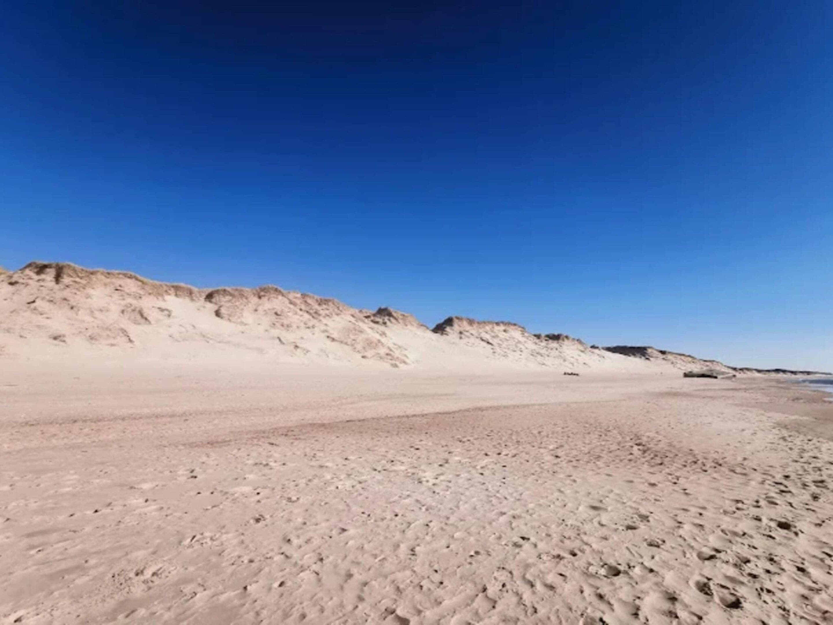 A sandy beach with dunes and a clear blue sky.