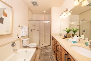 Combined shower/bathtub, hair dryer, towels, shampoo
