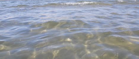 A beach with clear water and a distant shoreline.
