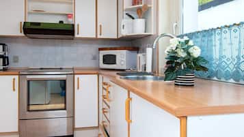 Eine moderne Küche mit Edelstahlgeräten, Holzschränken und einem Fenster mit Blick ins Grüne.