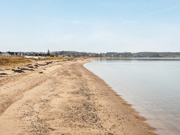 A sandy beach with a calm lake, a dirt path, and houses in the background.