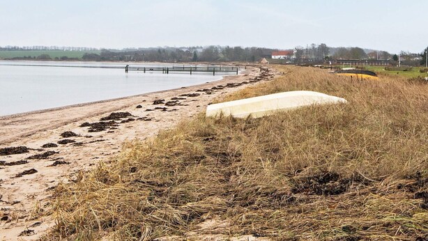 Un paisaje costero con una playa arenosa, una zona verde con una gran estructura blanca y una masa de agua tranquila.