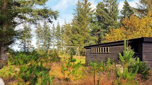 A cabin surrounded by dense forest, with a wooden structure and a swing set visible in the background.