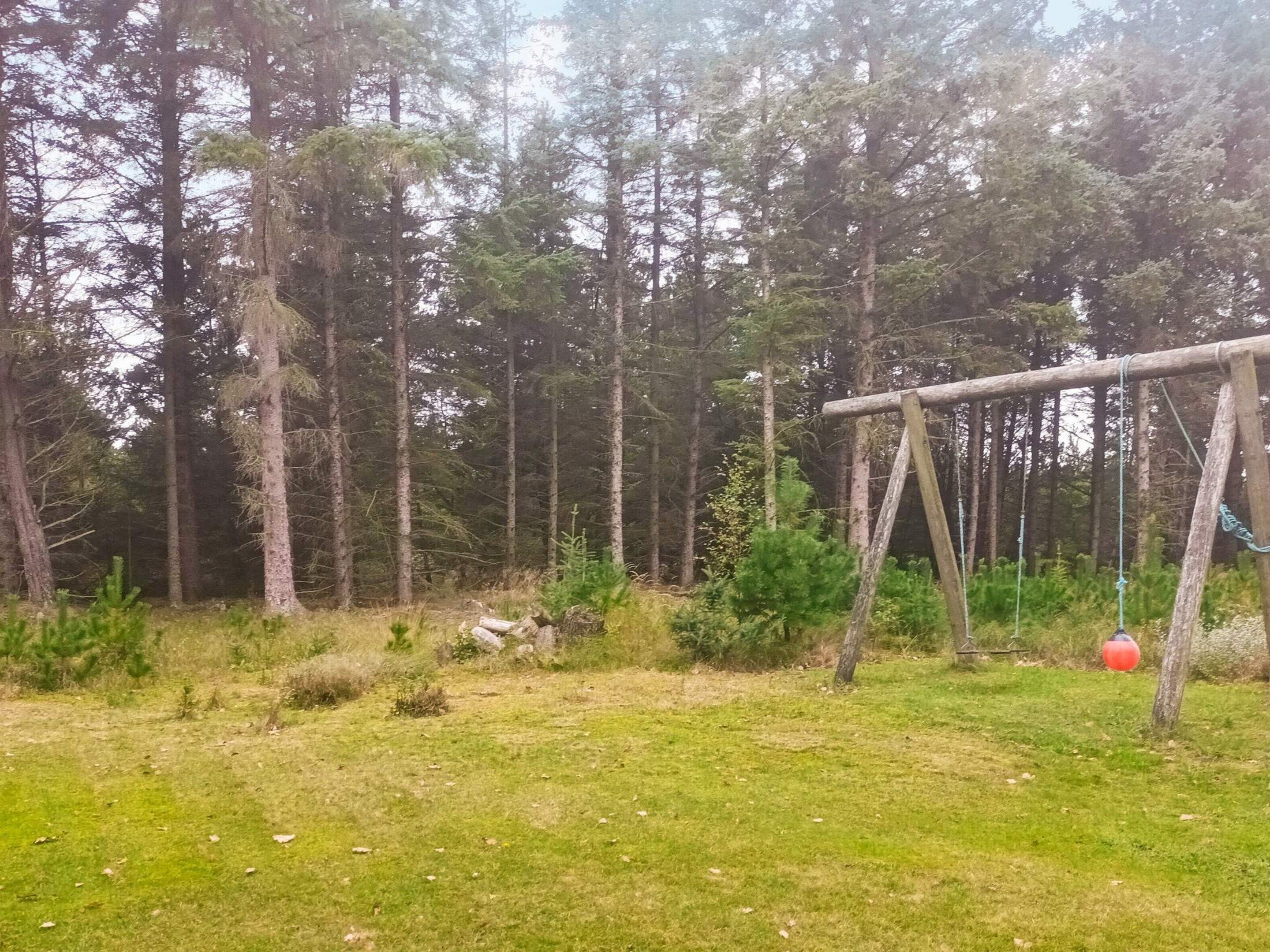 A forested area with a wooden swing set.