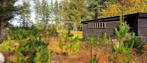 A cabin surrounded by dense forest with a wooden structure and a swing set.