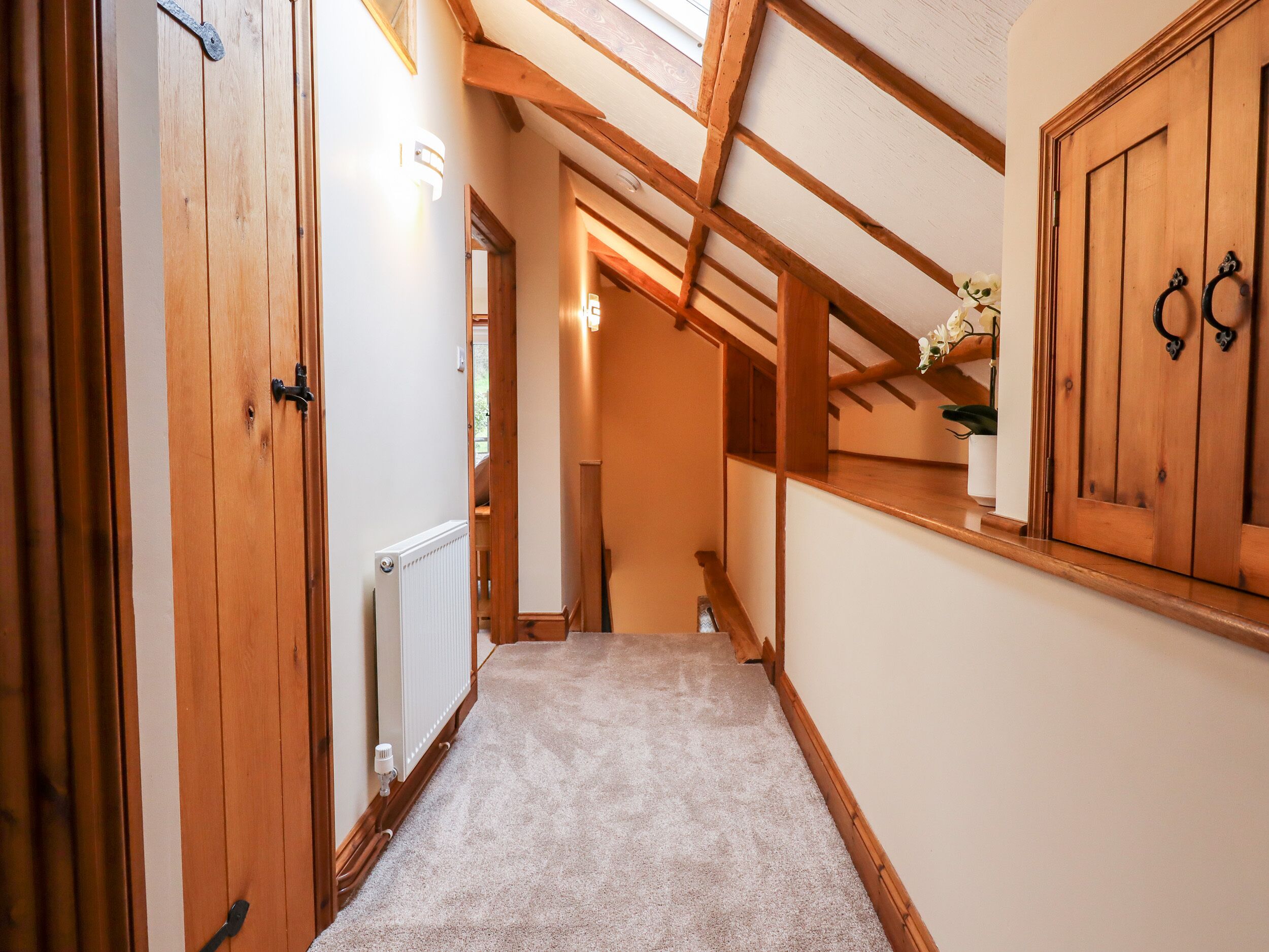 A narrow hallway with wooden doors and a radiator on the left.