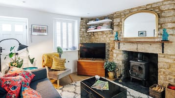 Smart TV, chimenea, libros y estéreo