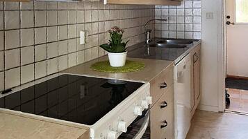 A kitchen with a stove, sink, and cabinets.
