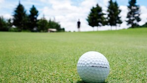 A golf ball on a grassy field with trees and a person in the distance. - 4 Star Holiday Home in Gislaved (Gislaved)