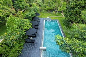 Una piscina rectangular con bordeado de baldosas, rodeada de exuberante vegetación y árboles.