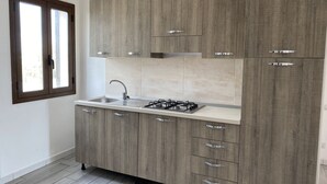 A modern kitchen with grey cabinetry, a stainless steel sink, and a gas stove. - Nora's Flats - Trilo Apartament (Triscina)