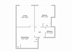 Ein Grundriss mit Wohnbereich, Schlafzimmer, Bad, Esszimmer-Küche und Flur.