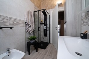 Shower, hair dryer, towels, toilet paper