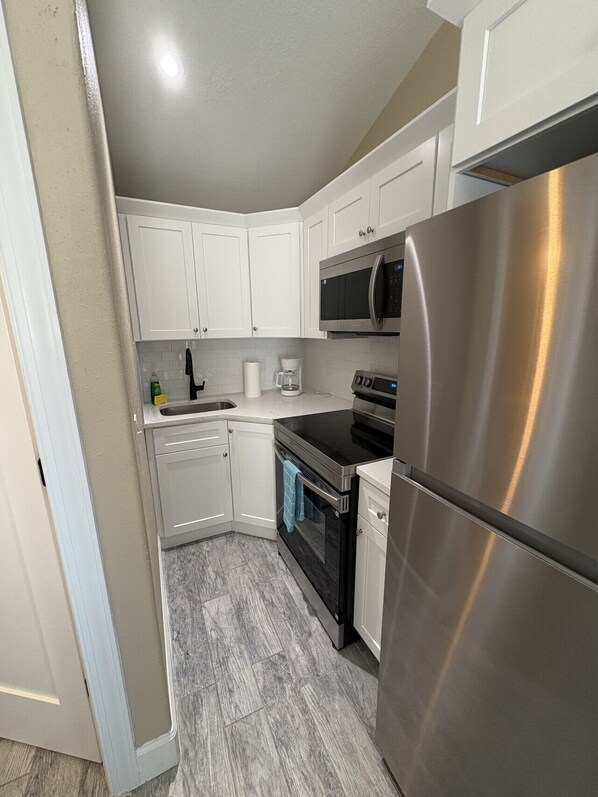 Frigorífico, microondas, horno y placa de cocina