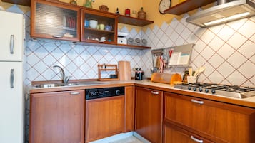 Een koelkast, een oven, een kookplaat, een vaatwasser