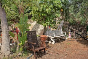 A garden area with a wooden bench, a metal chair, and a large rock.
