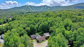 A rural property with a large house surrounded by dense forest, a paved driveway, and a view of rolling hills in the background.