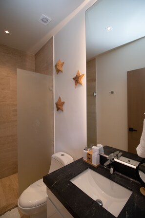 Une salle de bain moderne avec des toilettes blanches, un lavabo noir et un grand miroir. Trois décorations en forme d’étoile ornent le mur.