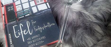 A book titled 'Eifel für Fortgeschrittene' and a wine bottle with a label that reads 'Homomann Vines'.