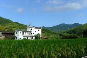 A white building with multiple floors and a balcony, surrounded by lush green fields and mountains in the background. - Wuyuan Youyicun Inn (Wuyuan)