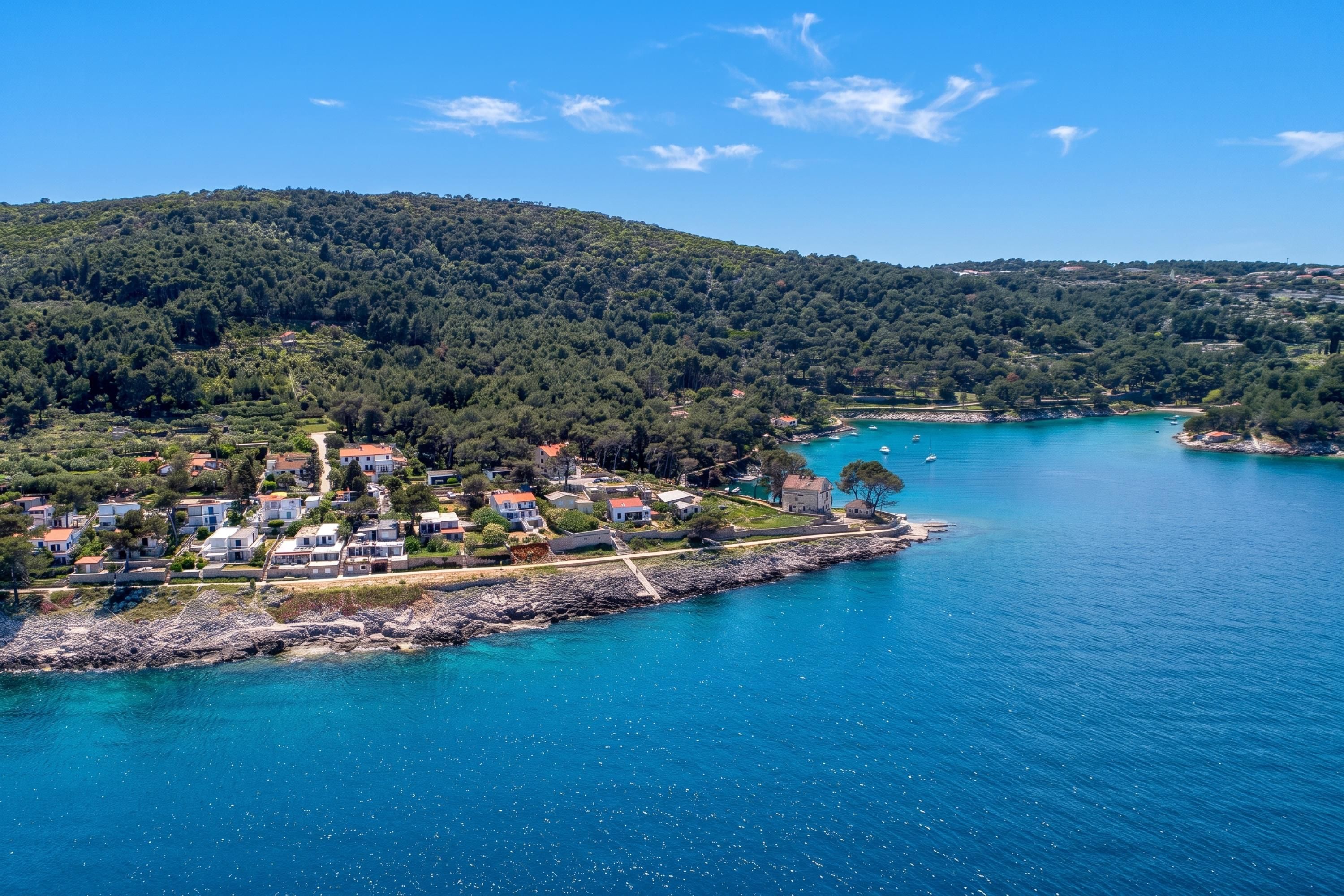 A coastal village with houses along the shoreline, a clear blue sea, and a forested hill in the background.