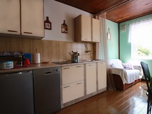Fridge, stovetop, dishwasher, coffee/tea maker