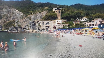 Privatstrand in der Nähe, schwarzer Sandstrand, Strandbar