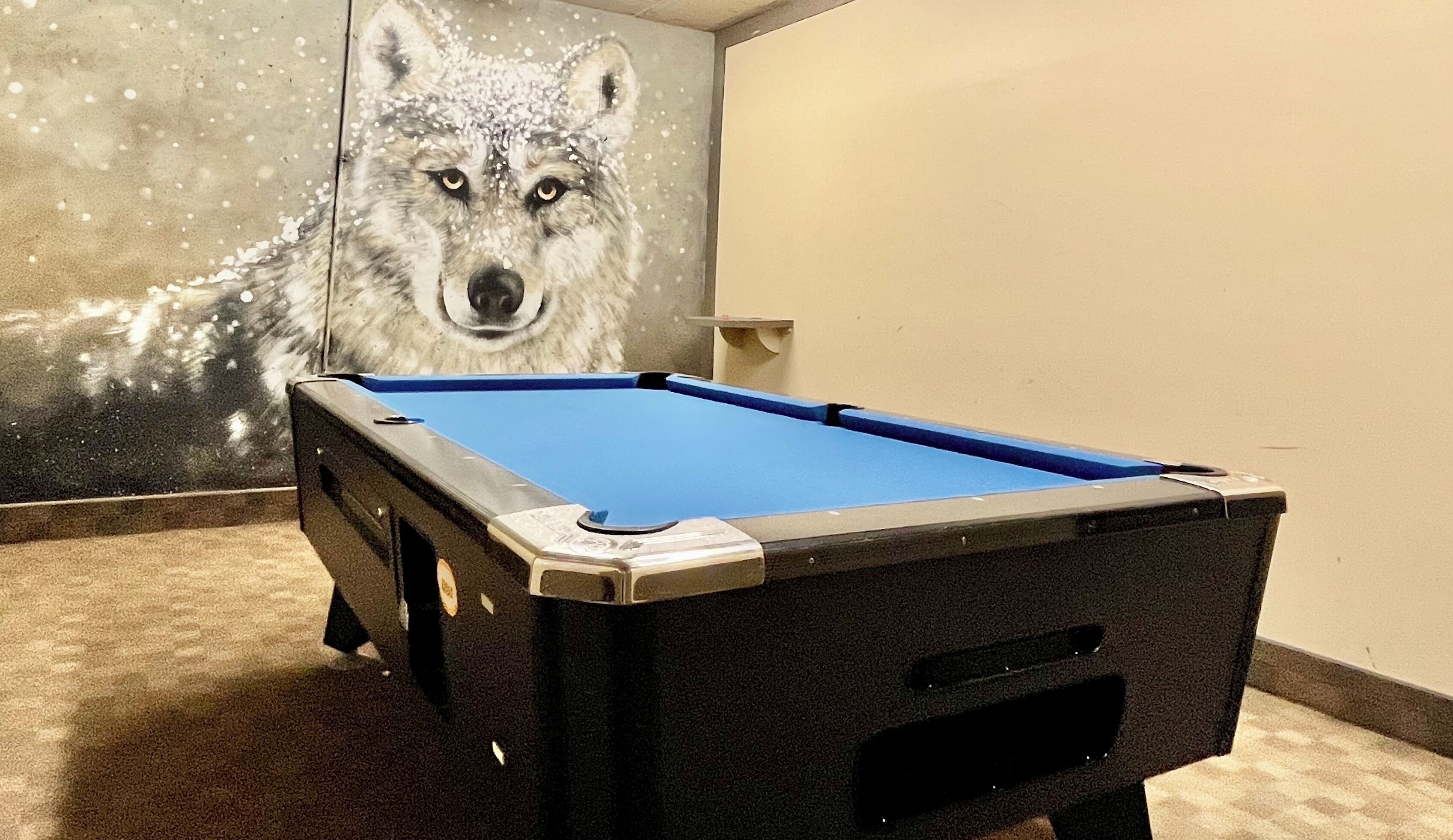 A pool table with a blue felt surface, positioned in a room with a wall mural of a wolf.