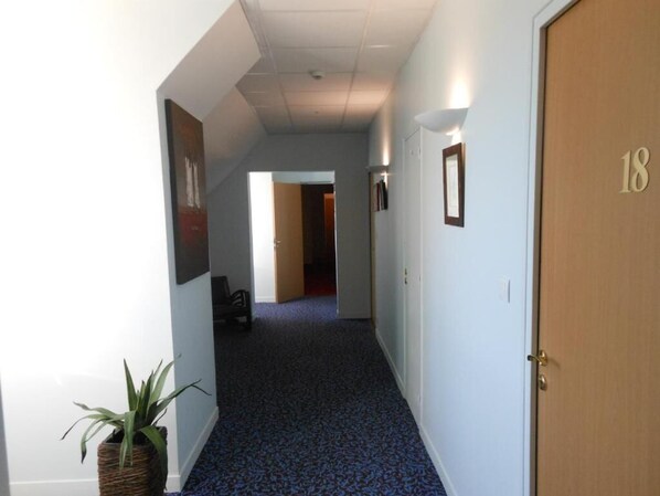 A hallway with a patterned carpet, a potted plant, framed pictures on the walls, and a door labeled "18". - Hôtel du Parc (Chateauneuf-sur-Loire)