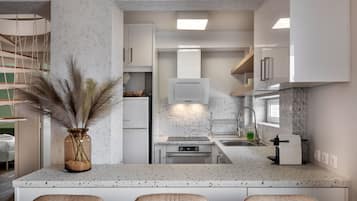 Fridge, oven, stovetop, coffee/tea maker