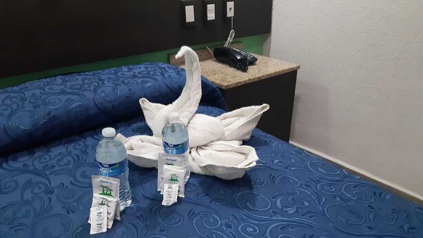 Quarto de hotel com colcha de cama estampada em azul, toalha em forma de cisne branco, duas garrafas de água e dois sachês de shampoo.